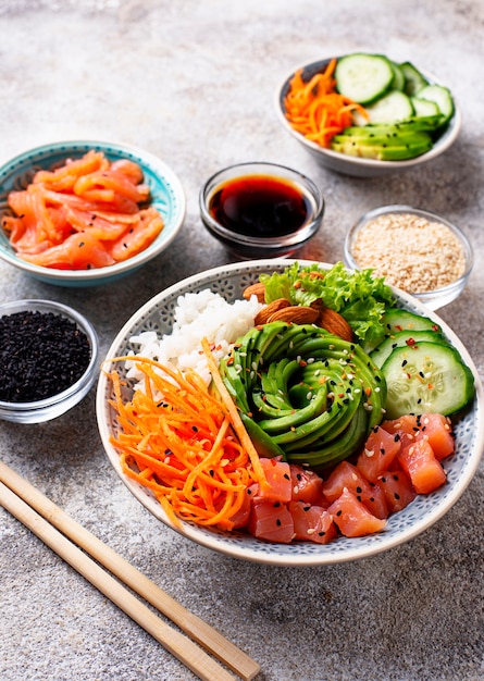 Hawaiian poke bowl with salmon, rice and vegetable