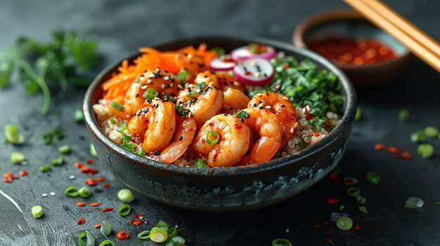 Hawaiian poke bowl with shrimp quinoa avocado cucumber and greens on a dark wooden background