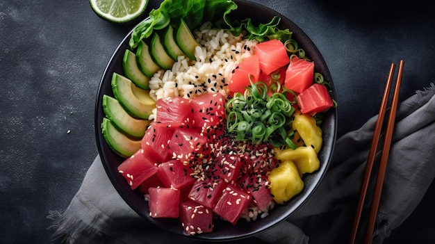 Hawaiian poke bowl with tuna avocado rice seaweed and sesame seeds Generative AI