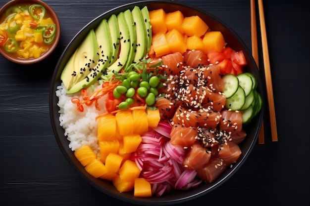 Hawaiian Poke Bowl with Tuna Salmon and Shrimp Served with Avocado Generative Ai