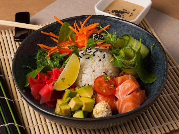 Hawaiian poke dish with salmon and avocado closeup