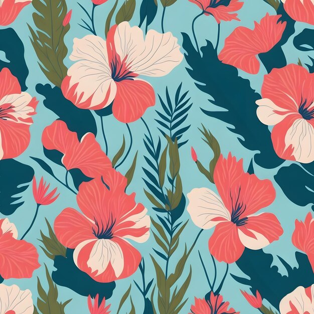 Hawaiian red flowers and green leaves seamless flower pattern