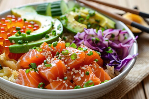 Foto poke bowl hawaiano di salmone con riso marrone e bacchette