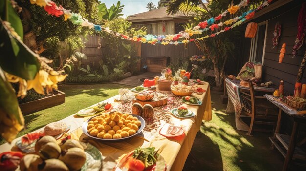 Foto tavolo e sedie in stile hawaiano nel giardino tono vintage