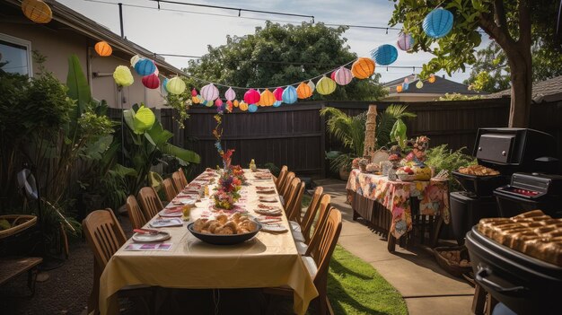 Foto tavolo e sedie in stile hawaiano nel giardino tono vintage