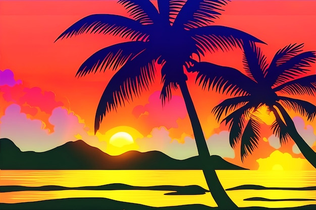 Гавайский закат с пальмами Падающая тень яркие цвета
