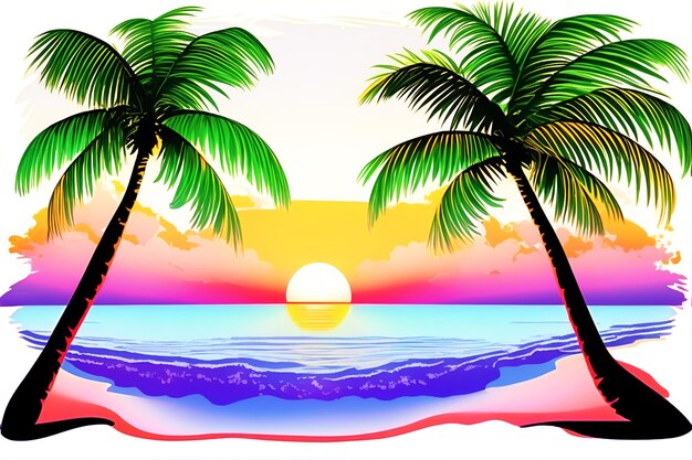 Hawaiian Sunset with palm trees Drop shadow vibrant colors