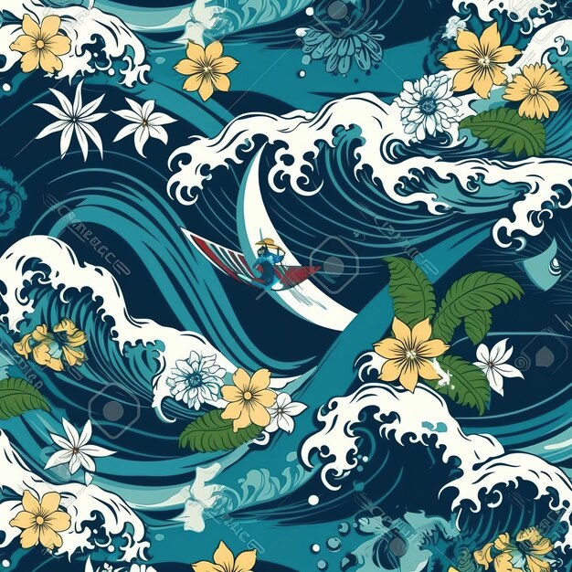 hawaiian surfer illustration pattern
