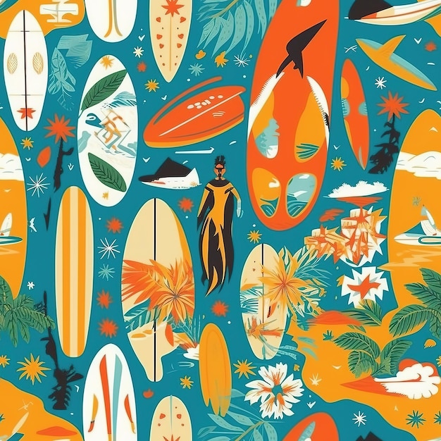 hawaiian surfer illustration pattern