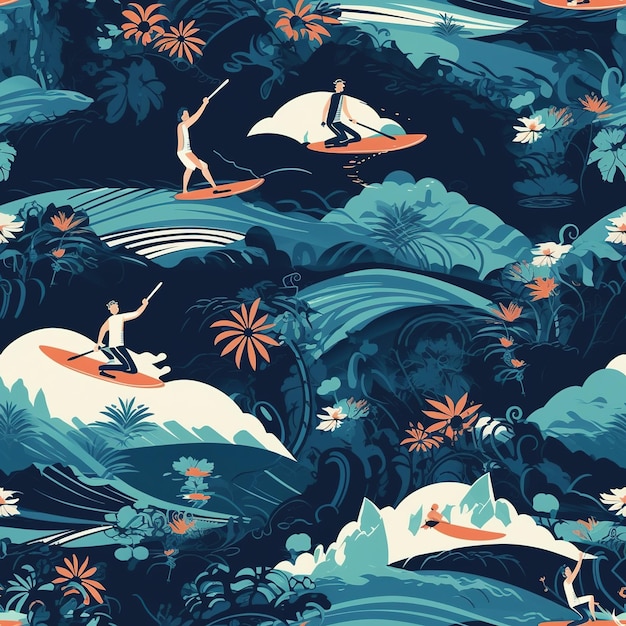 hawaiian surfer illustration pattern