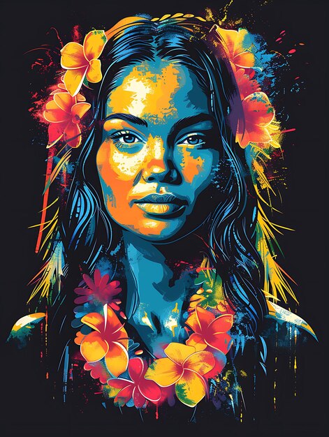 Hawaiian Woman Portrait Wearing a Traditional Lei and a Gras Tshirt Design Art Tattoo Ink Frames