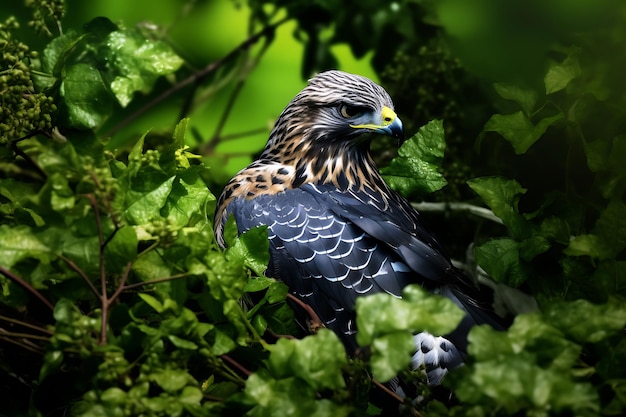 Hawk camouflaged among forest foliage