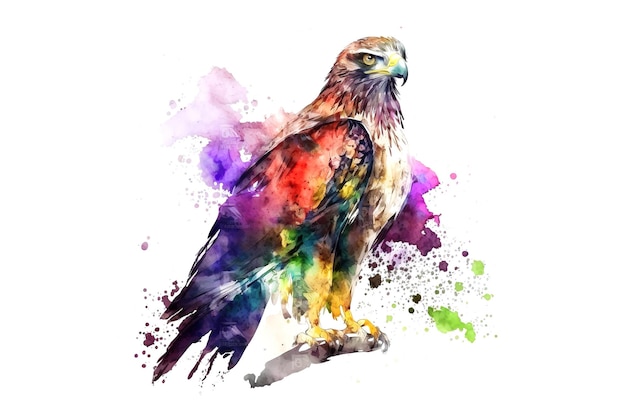 Hawk drawn with multicolored watercolors isolated on a white background Generated by AI