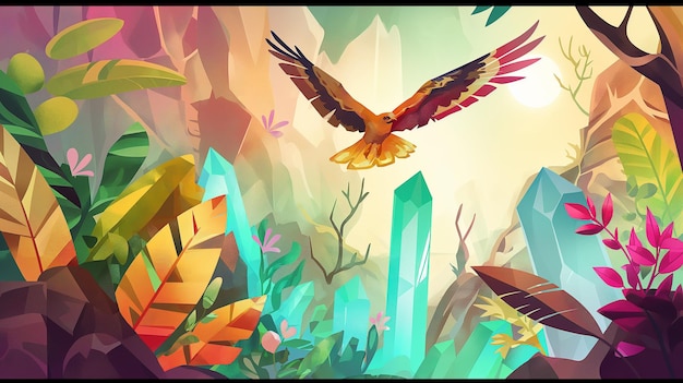熱帯の森でクリスタルで飛ぶ鷹 イラスト