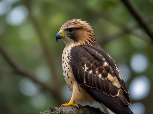 Photo a hawk is perched on a tree branch with a blurry background