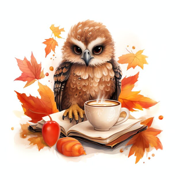 Hawk with book and mug in autumn woodland