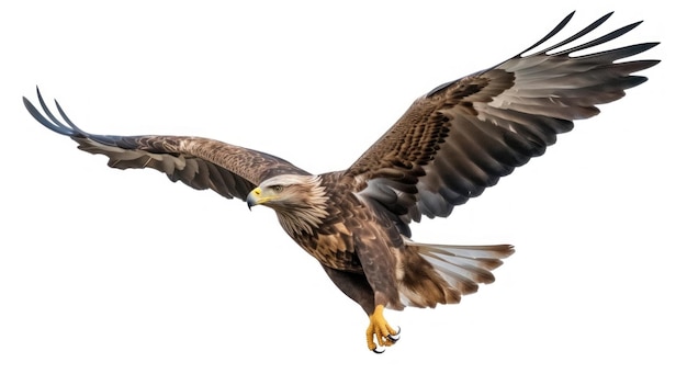 A hawk with a yellow beak is flying in the air