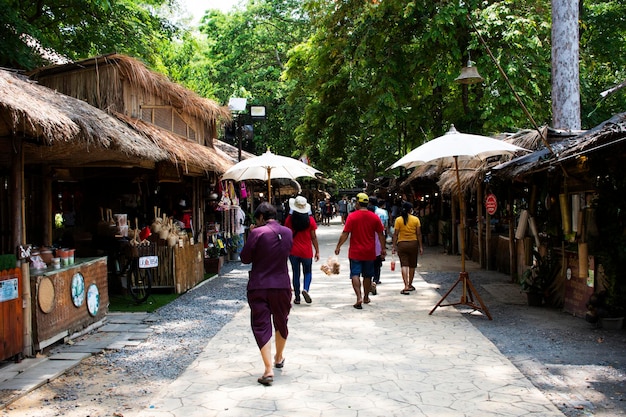 Hawker stall traditional thai people sale local products food in street bazaar market for traveler travel visit eat drink in Bang Rachan village at Singburi city on May 28 2023 in Sing Buri Thailand