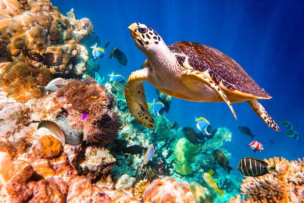 Hawksbill Turtle - Eretmochelys imbricata floats under water. Maldives Indian Ocean coral reef.