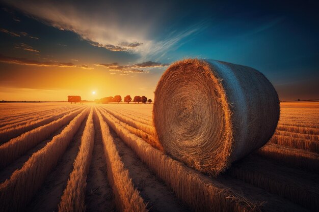 A hay bail in a field at sunset generative AI