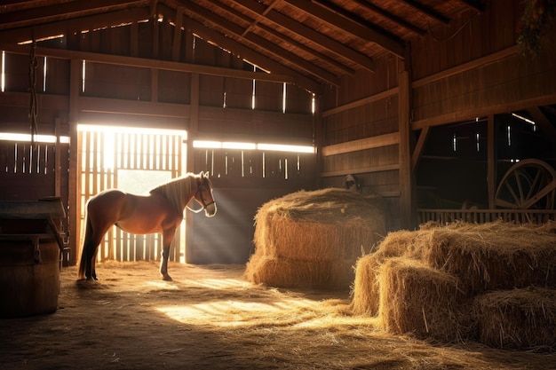 Foto balle di fieno accanto a un cavallo in un ambiente di fienile rustico creato con ai generativi