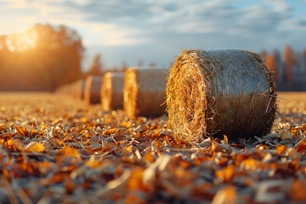 Hay Bale in Field With Autumn Leaves