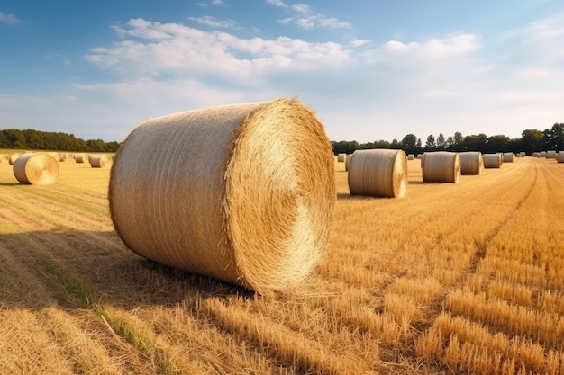 Hay bales in beautiful countryside farm land in sunny day