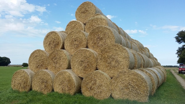 Hay bales on field against sky