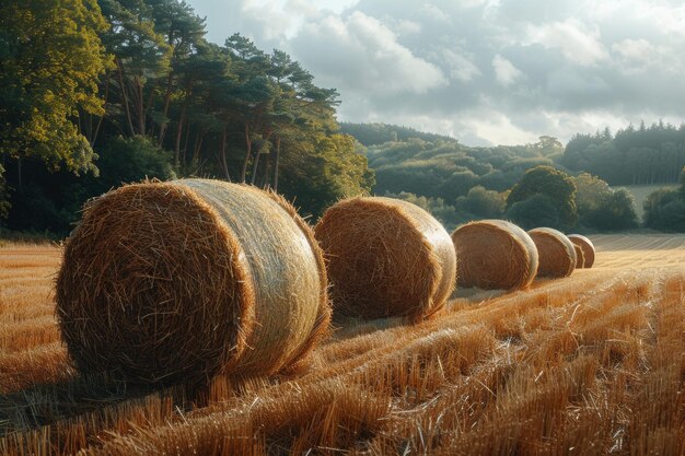 Hay bales in field at sunset