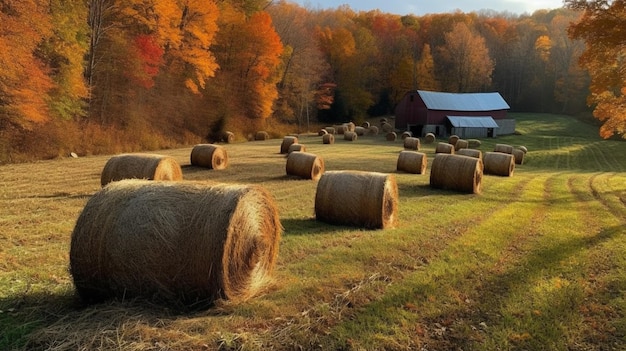 Hay bales in a field with a barn in the background