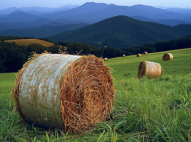 Hay Bales in a Field With Mountains