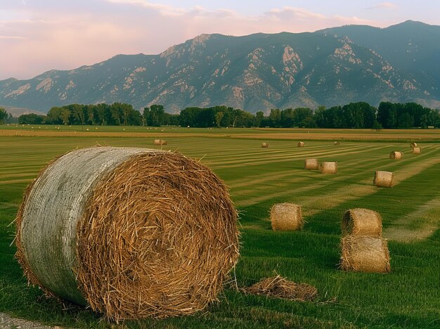 Hay Bales in a Field With Mountains