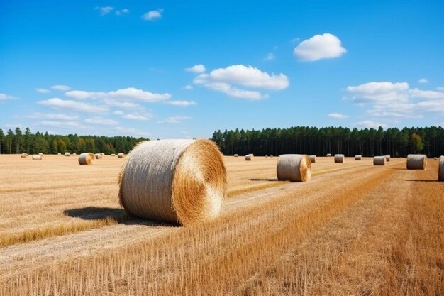 hay bales in a field with trees in the background