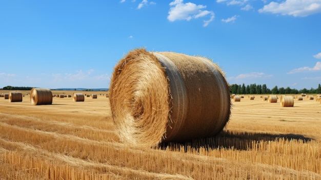 Hay bales harvesting in blue sky field