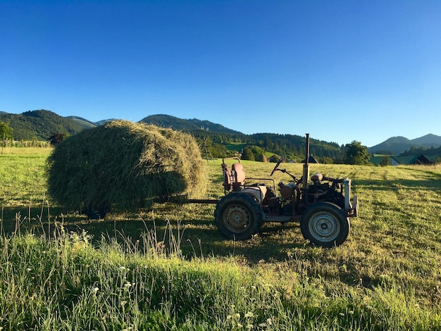 Photo hay on tractor trailer at farm field against clear blue sky