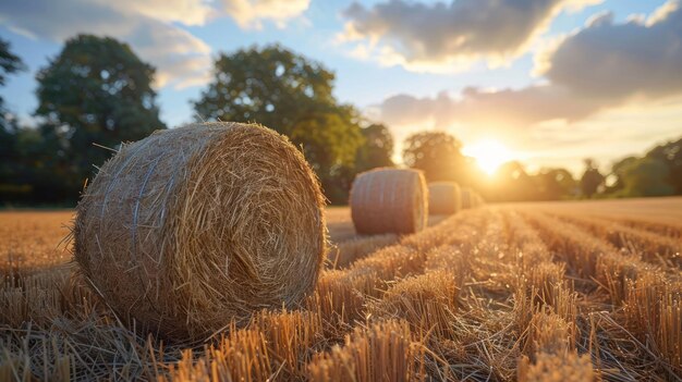 Foto haybalen in het veld bij zonsondergang