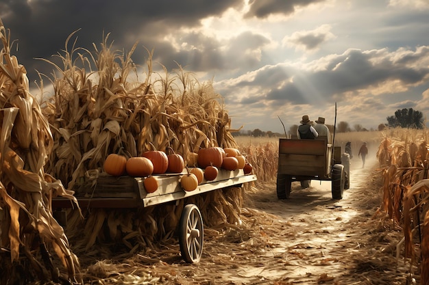 Hayride door een herfst boerderij veld