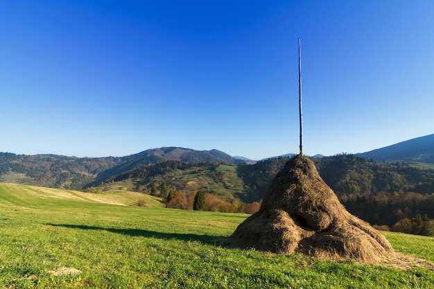 Haystack on a grassy rural field in mountains beautiful countryside landscape with forested hills on a fine summer day