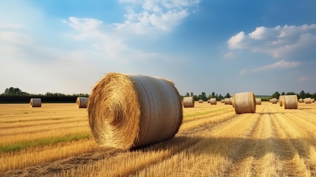 Haystacks on the field closeup view Golden Hay rolls in the countryside