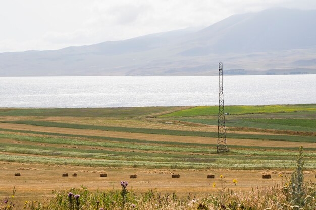 Haystacks and rolls, agriculture in Georgia, dry hay and mountain landscape with Faravani lake