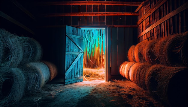 Haystacks sorted inside an agricultural modern warehouse in countryside Night neon glowing illustration