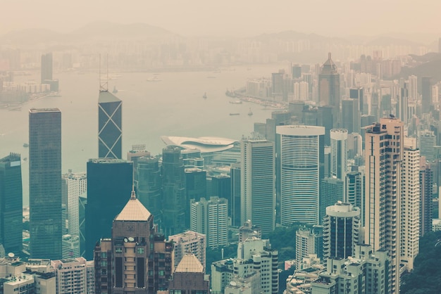 Haze Hong Kong downtown view from Victoria peak Filtered shot