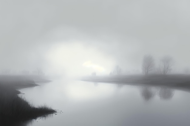 Haze over river and water surface on foggy day