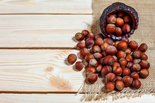 Hazelnoot ligt op een houten achtergrond van grote noten.