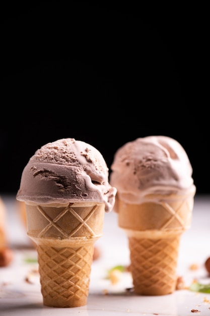 Hazelnut choccolate ice cream on wafle cone