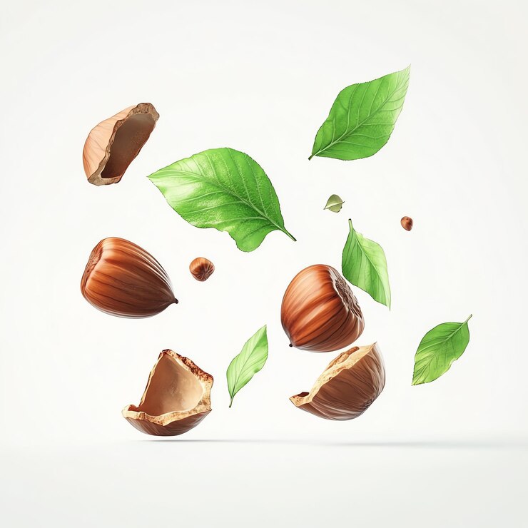 Photo hazelnut from shelled nut with green leaves falling
