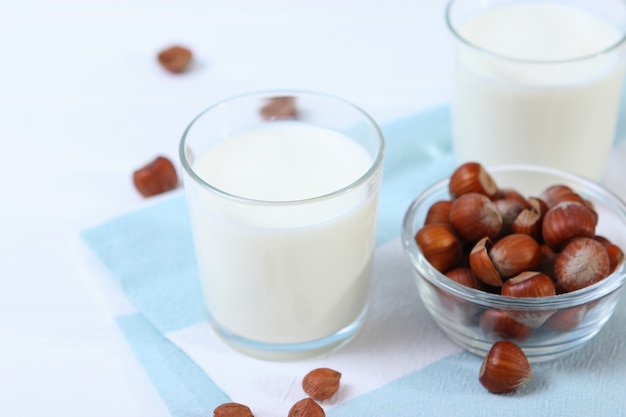 Hazelnut milk on the table vegetable milk vegetarian milk