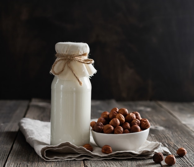 Hazelnut nut vegan milk non dairy in jar bottle.