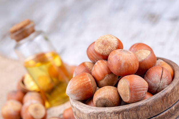 Hazelnut oil in a glass bottle