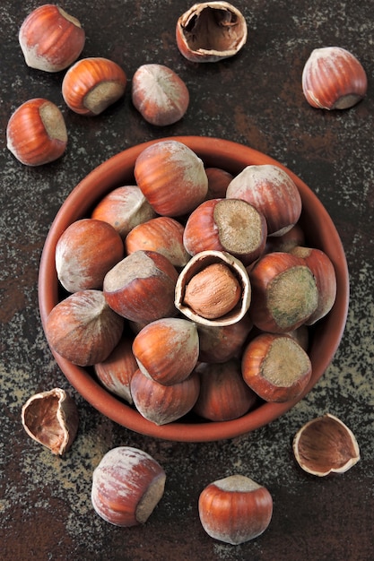 Hazelnuts in a bowl. Fresh hazelnuts in the shell.